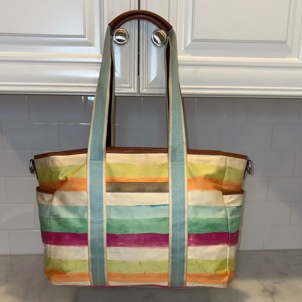 Coach Purse Handbag Hampton Stripe Watercolor Baby or Overnight Weekend Bag Tote